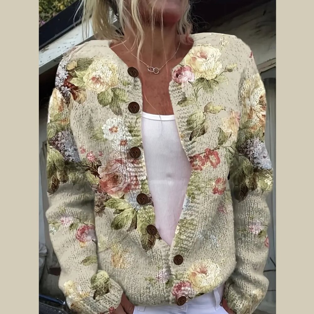 Rose Vine Print Casual Button-Up Knitted Cardigan Sweater Size XL